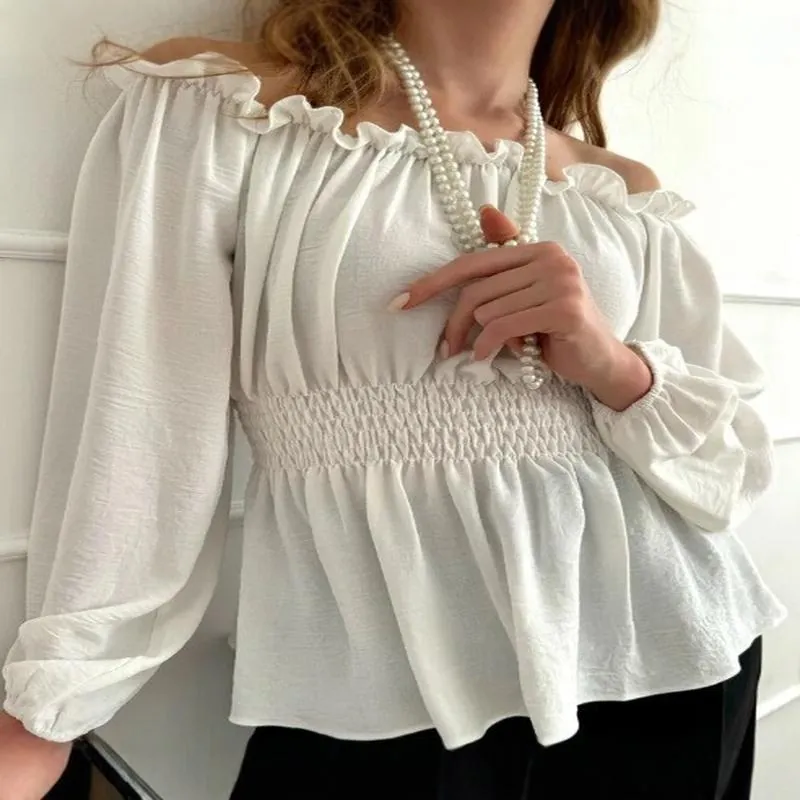 Women Off Shoulder Smocked Waist Blouse Elegant Ruffle Puff Long Sleeve Polyester Top Solid Color Pullover Top For Women