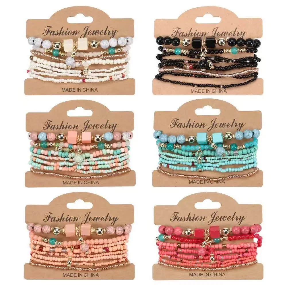 Braccialetto Elastico in Perline di Semi Bohemien per Donna Vacanza al Mare Fatto a Mano Lega Multistrato Gioielli Regalo