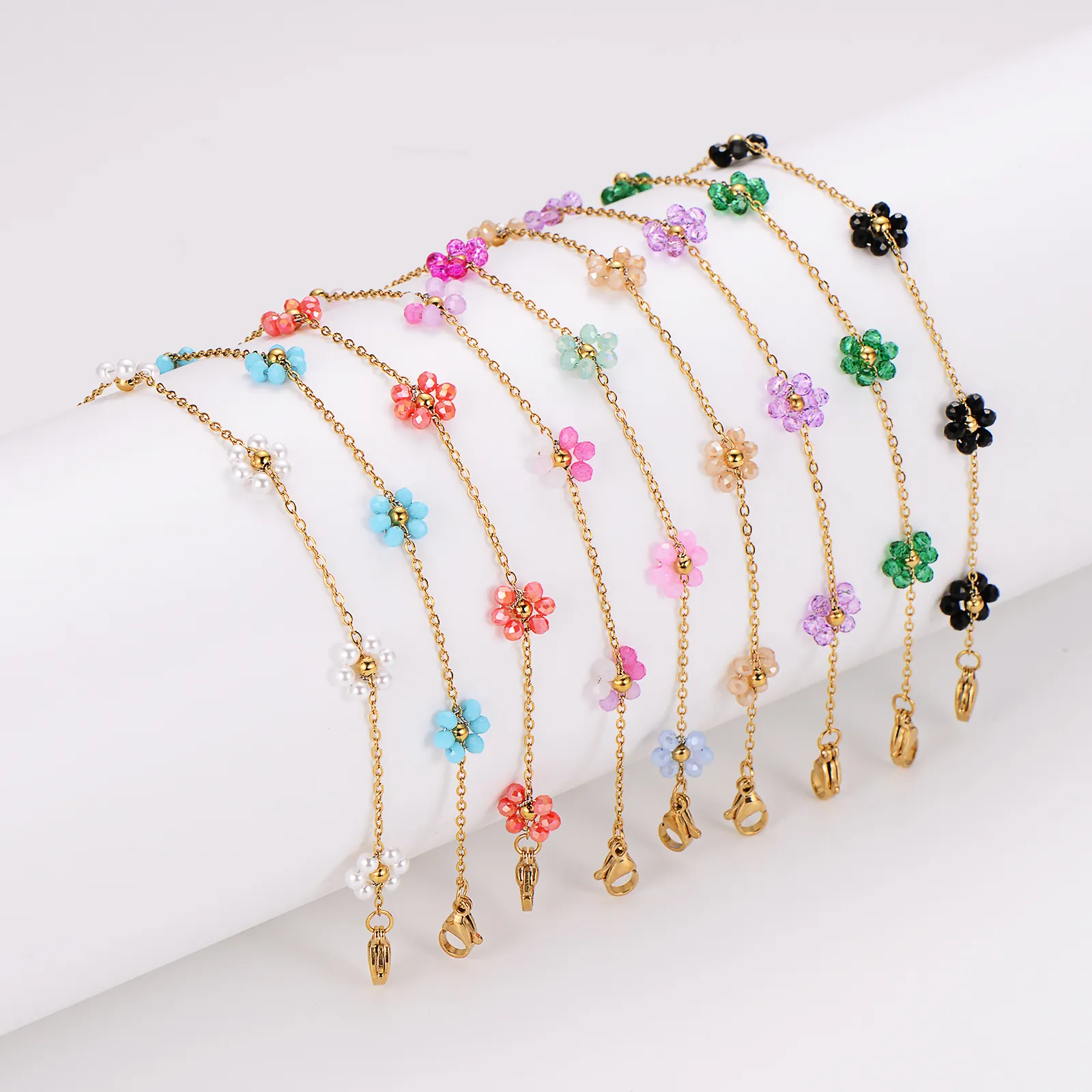 Ensemble Collier Bracelet Bohème Fleurs en Perles de Verre Multicolores Fait Main Acier Inoxydable Chaîne Forçat Bijoux Floraux pour Femme Cadeau Vacances
