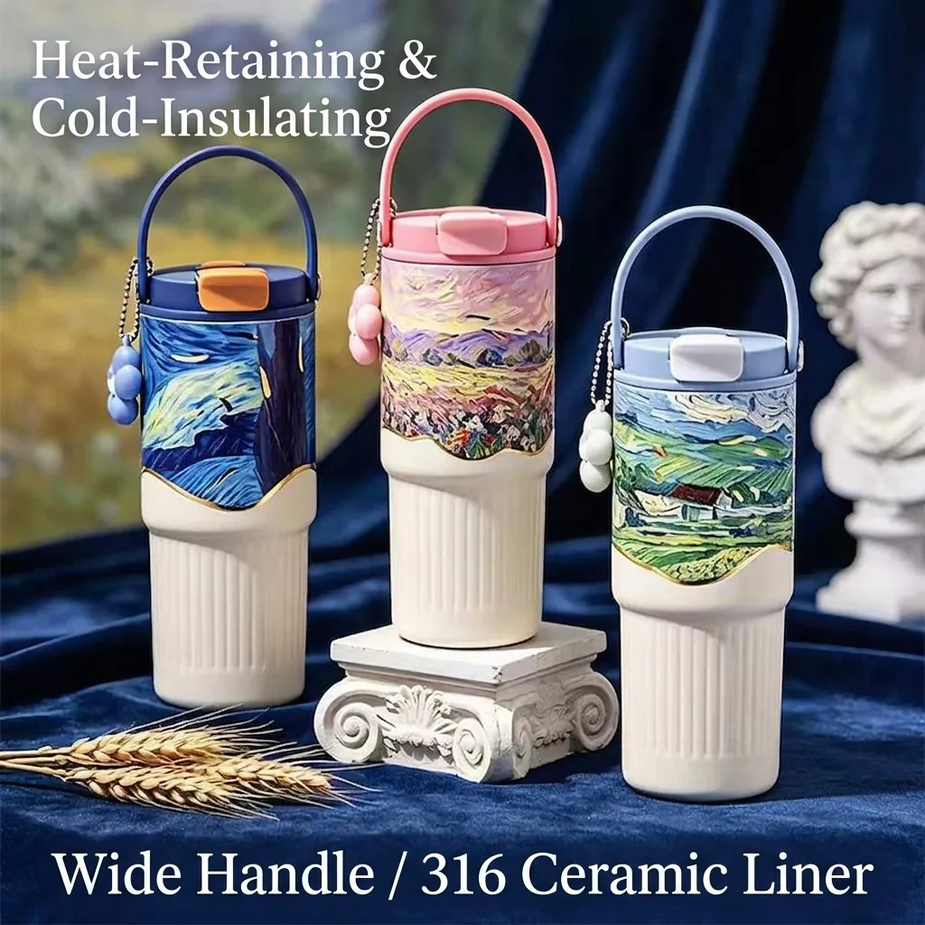 Floral Ceramic Liner Stainless Steel Insulated Tumbler With Straw Portable Strap Large Capacity Vacuum Cup For Women Car Travel