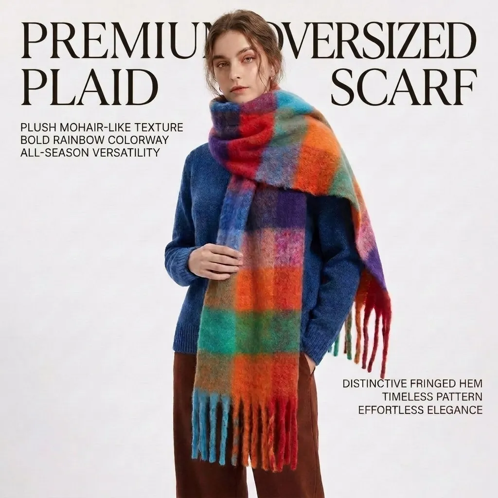 Women Plaid Scarf Imitation Mohair Thick Warm Shawl With Tassels Soft Winter Neck Warmer Fashionable Elegant Wrap