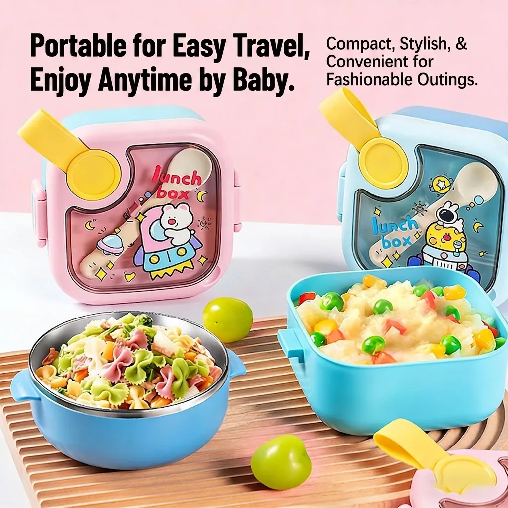 Kids Lunch Box Stainless Steel Portable Insulated Thermal Bento Box With Spoon For School Picnic Cute Cartoon Toddler