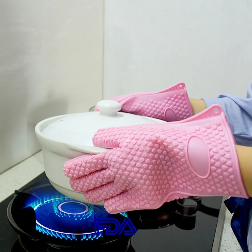 Silicone Oven Mitts Heat Resistant Five Finger Non-Slip Heart Texture Kitchen Baking Waterproof Grilling Gloves