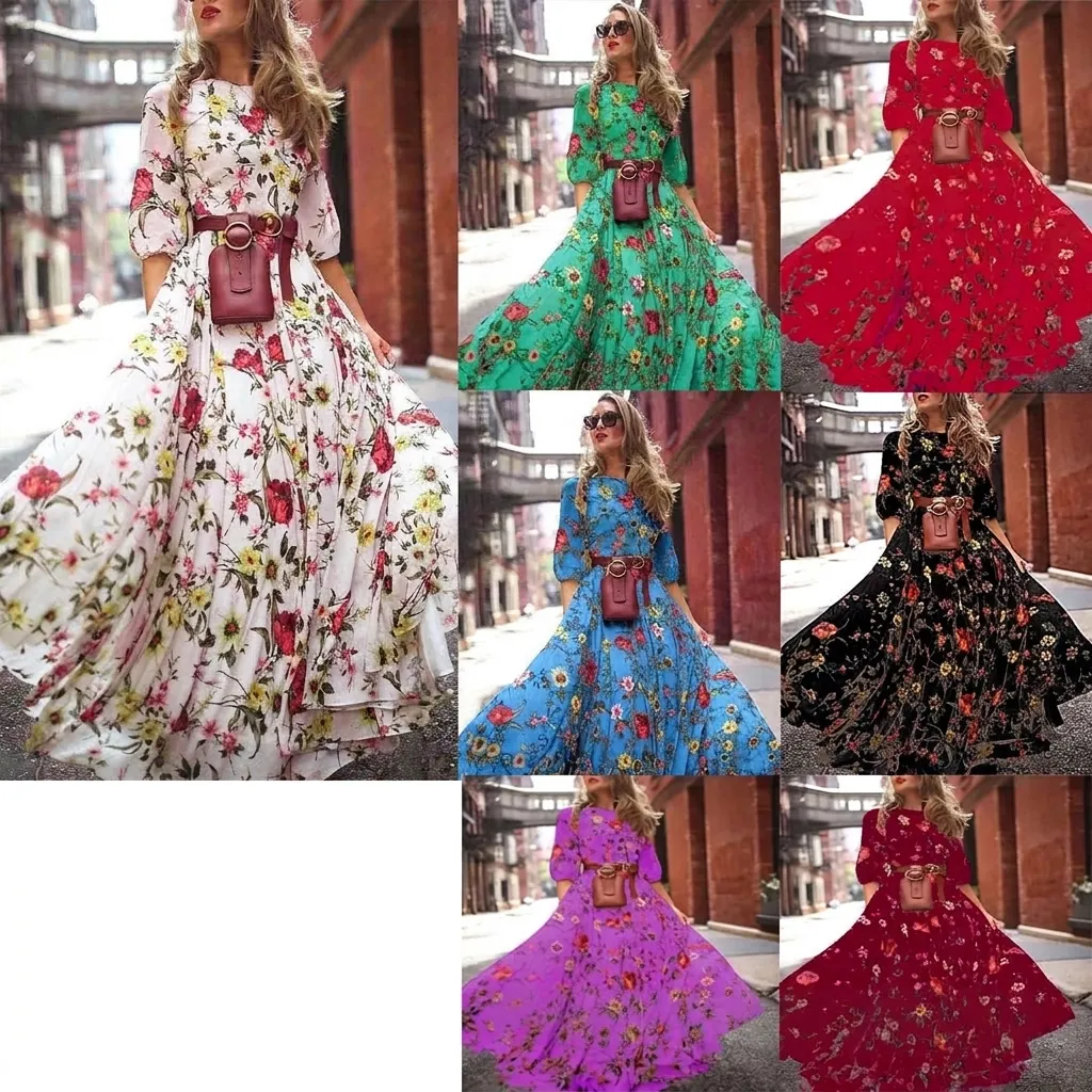 Damen Böhmisches Bedrucktes Maxikleid Floral Rundhals Großes Schwungkleid Mit Gürtel Taillentasche Lässig Urlaubsoutfits