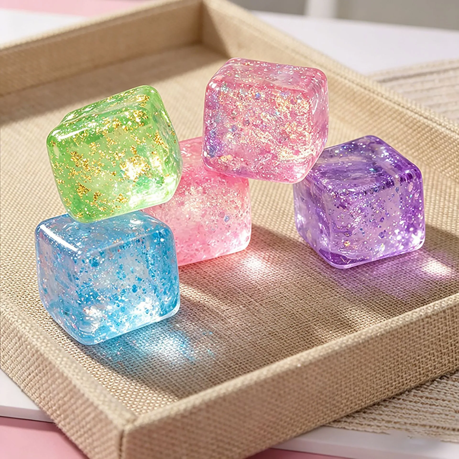 Soft TPR Maltose Ice Cube Squeeze Toy Stress Relief Sensory Toy For Kids Adults Office Desk Decor Creative Glitter Squeezable Toy