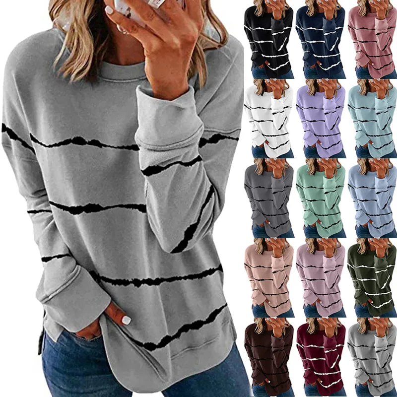 Sweat-shirt Rayé Imprimé Décontracté pour Femmes Col Rond Manches Longues Pull Top Coupe Relax en Mélange de Coton