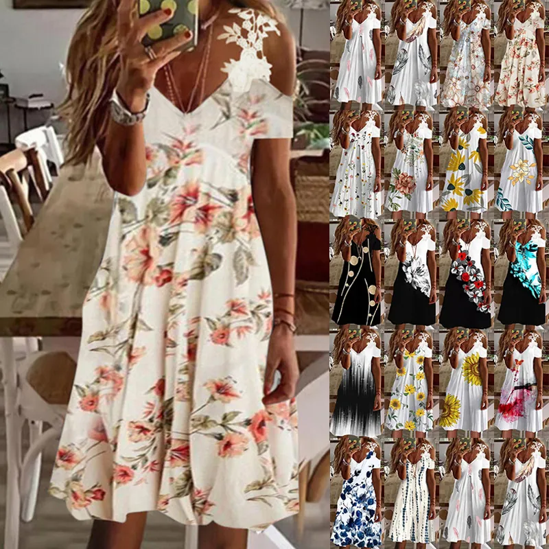 Vestido Midi de Mujer Elegante con Hombros Descubiertos Ribete de Encaje Cuello en V Estampado Floral Manga Corta Vestido Casual de Verano