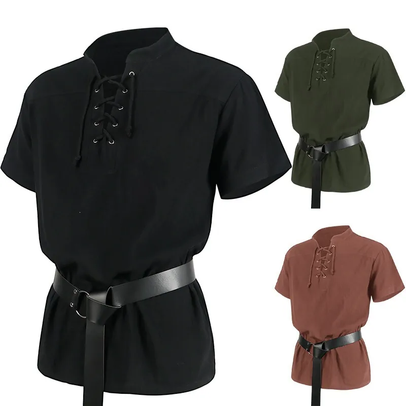 Men Renaissance Medieval Shirt Gothic Short Sleeve Lace Up Viking Pirate Tunic Vintage Costume Top With Leather Belt