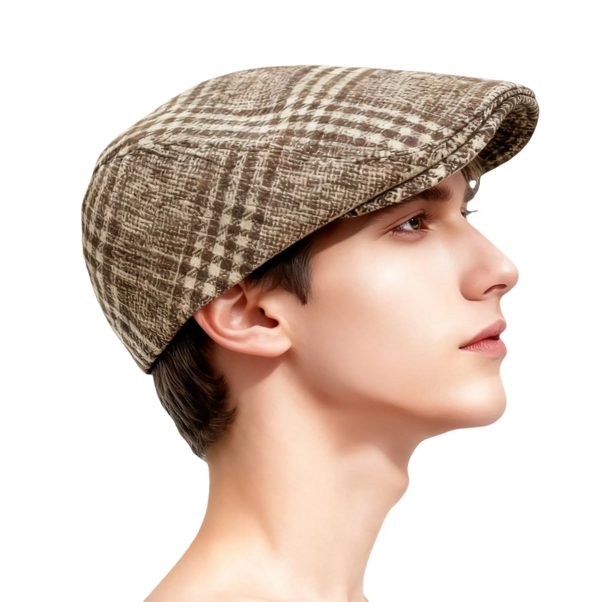 Vintage British Style Houndstooth Plaid Flat Cap For Men Women Adjustable Woolen Feel Beret Ivy Newsboy Cap Fashion Hat