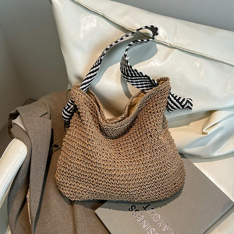 Women Large Capacity Straw Tote Bag Navy Style Handwoven Paper Straw Beach Holiday Shoulder Bag With Striped Wide Strap