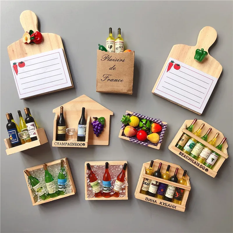 Miniature Food Play Wine Bottle Wood Rack Fridge Magnets Synthetic Resin Fruit Basket Memo Board Refrigerator Decor For Home Kitchen
