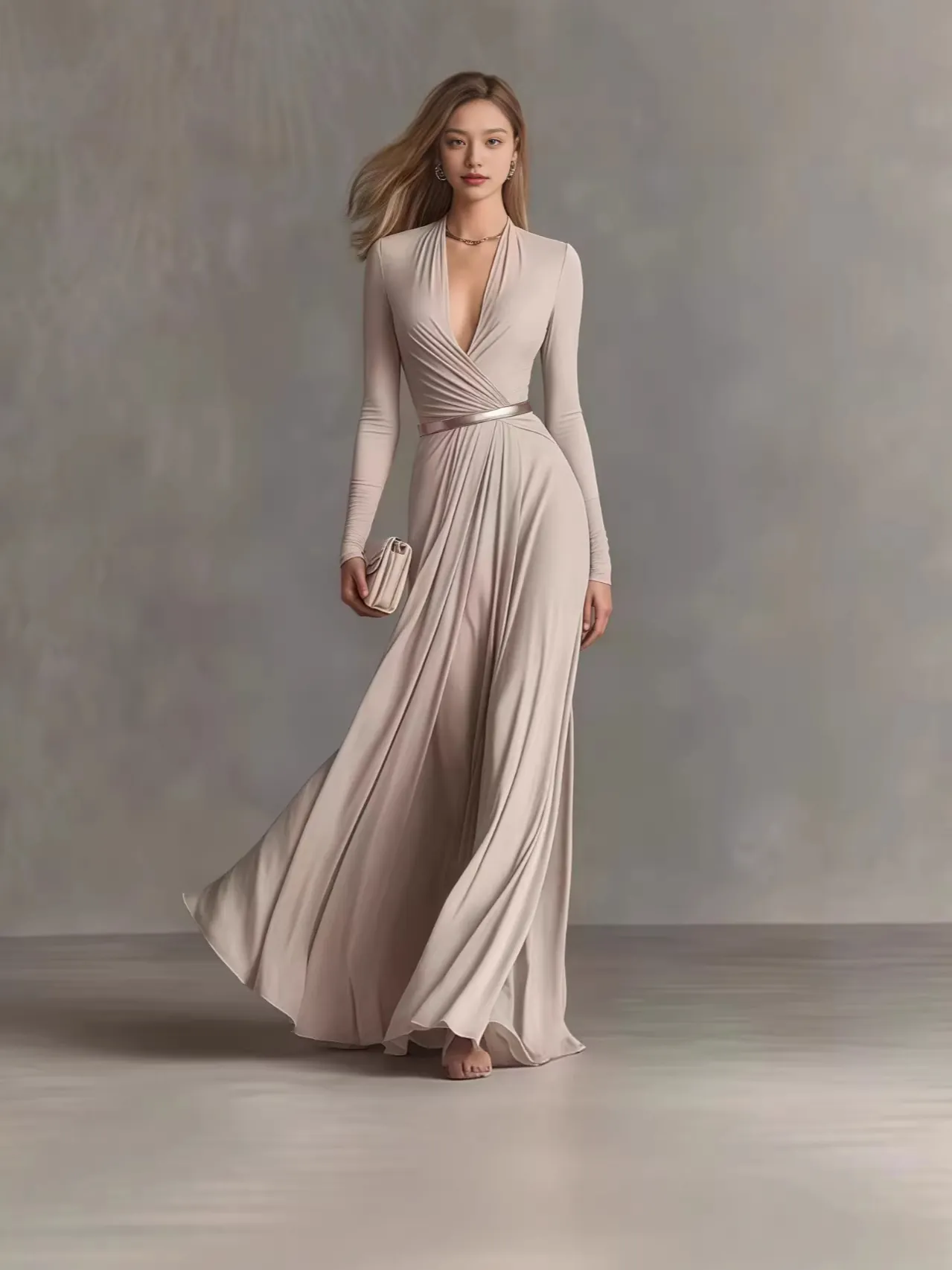 Women Elegant Solid V-Neck Long Sleeve Maxi Dress Pleated High Waist Polyester Blend Formal Evening Long Dress for Women
