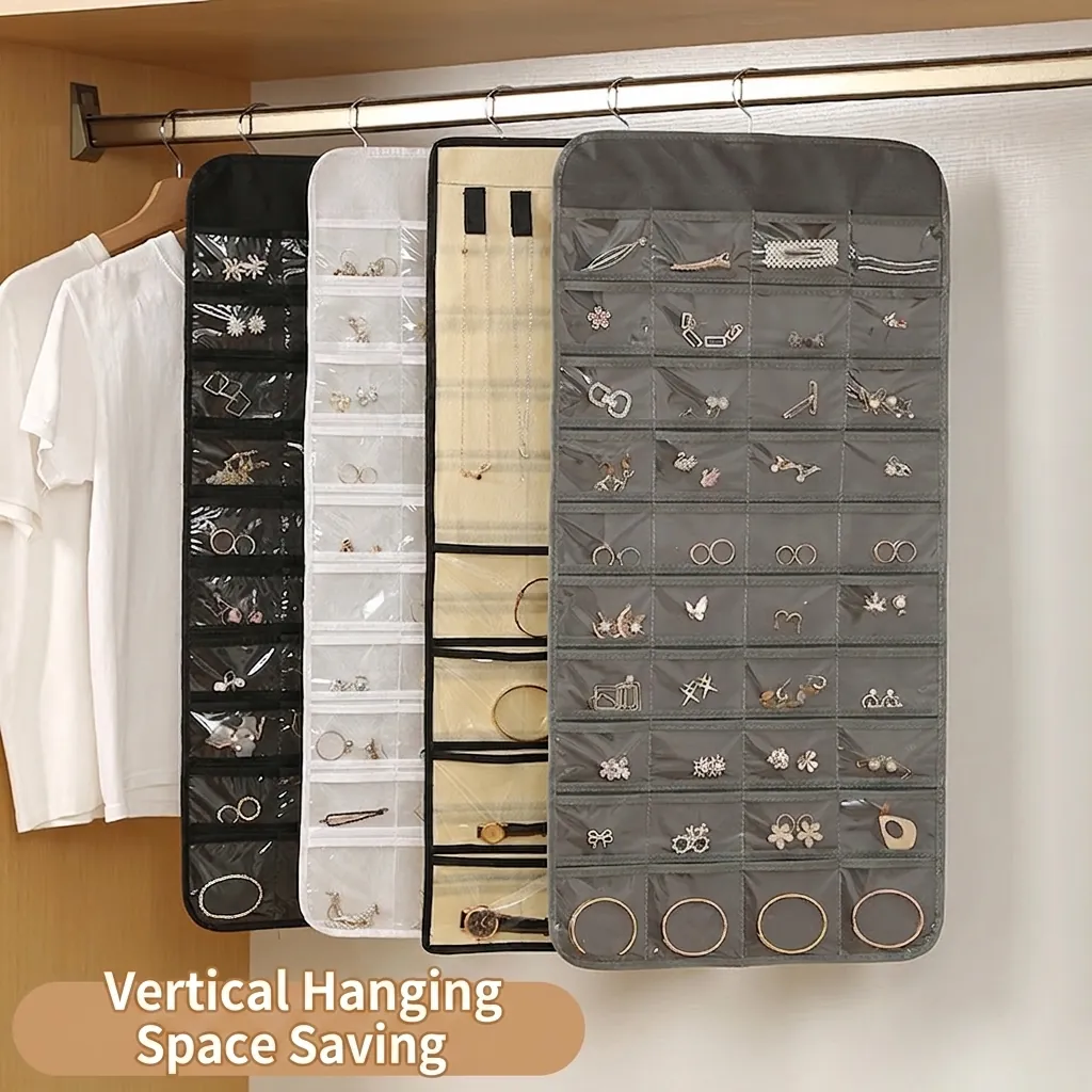 Double-Sided Transparent Jewelry Hanging Organizer Bag Multi-Pocket Dustproof Closet Storage Bag For Earrings Necklaces Watches