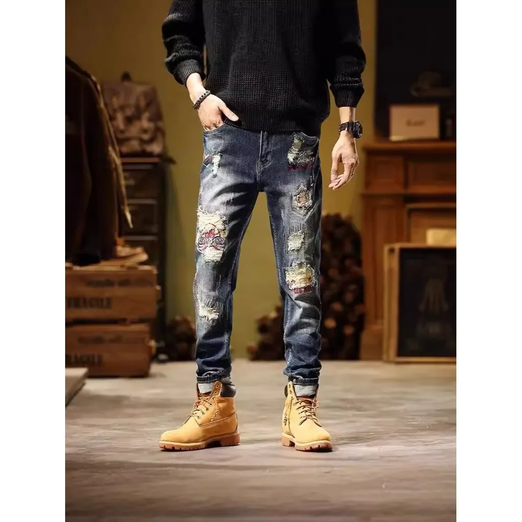 Men's Vintage American Streetwear Ripped Jeans Slim Straight Stretch Patchwork Embroidered Distressed Washed Denim Pants