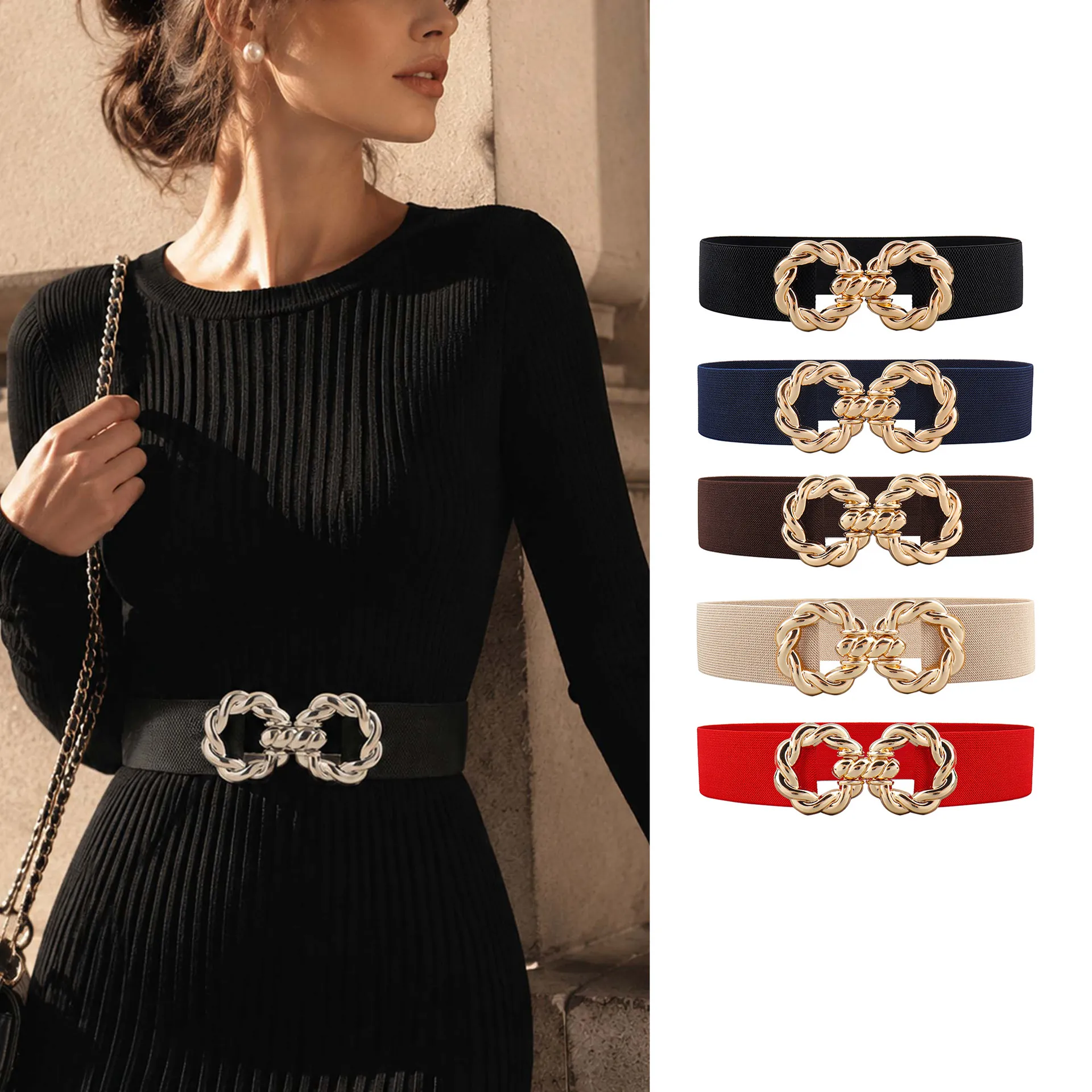 Women's Fashion Elastic Wide Belt With Interlocking Metal Buckle Stylish Waist Cinch For Dresses Shirts Decorative Accessories
