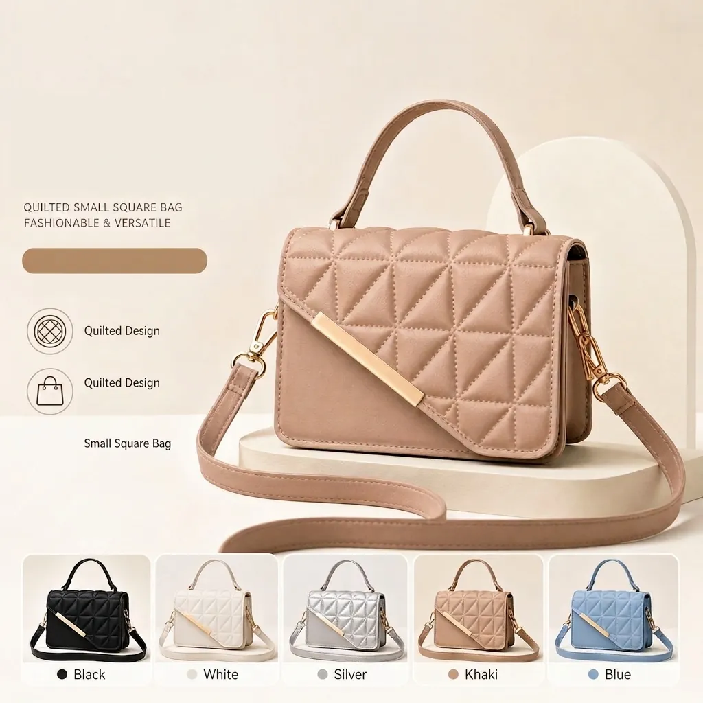 Women Quilted Shoulder Bag PU Leather Small Square Handbag With Gold Metal Bar Korean Style Fashion Crossbody Bag