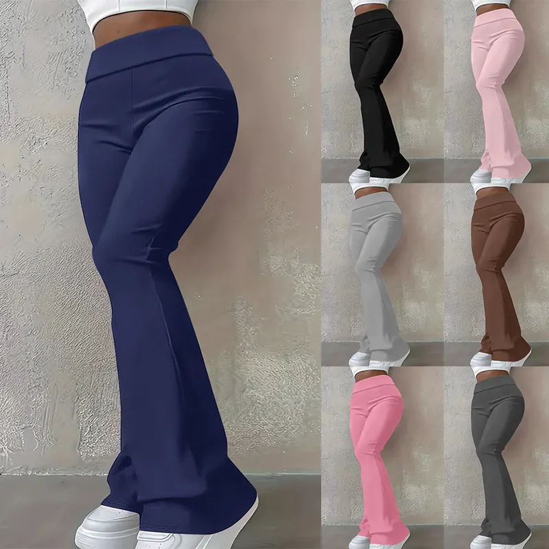 Women High Waist Flare Leggings Solid Color Stretchy Bootcut Yoga Pants Casual Slim Fit Sporty Long Trousers For Ladies