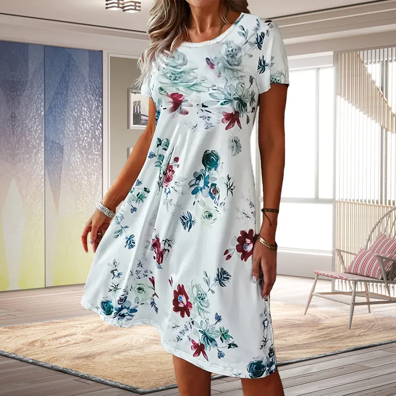 Robe Midi Femme Été Mode Décontractée Col Rond Ample Imprimé Manches Courtes Coupe Trapèze Motif Floral Feuilles Polyester