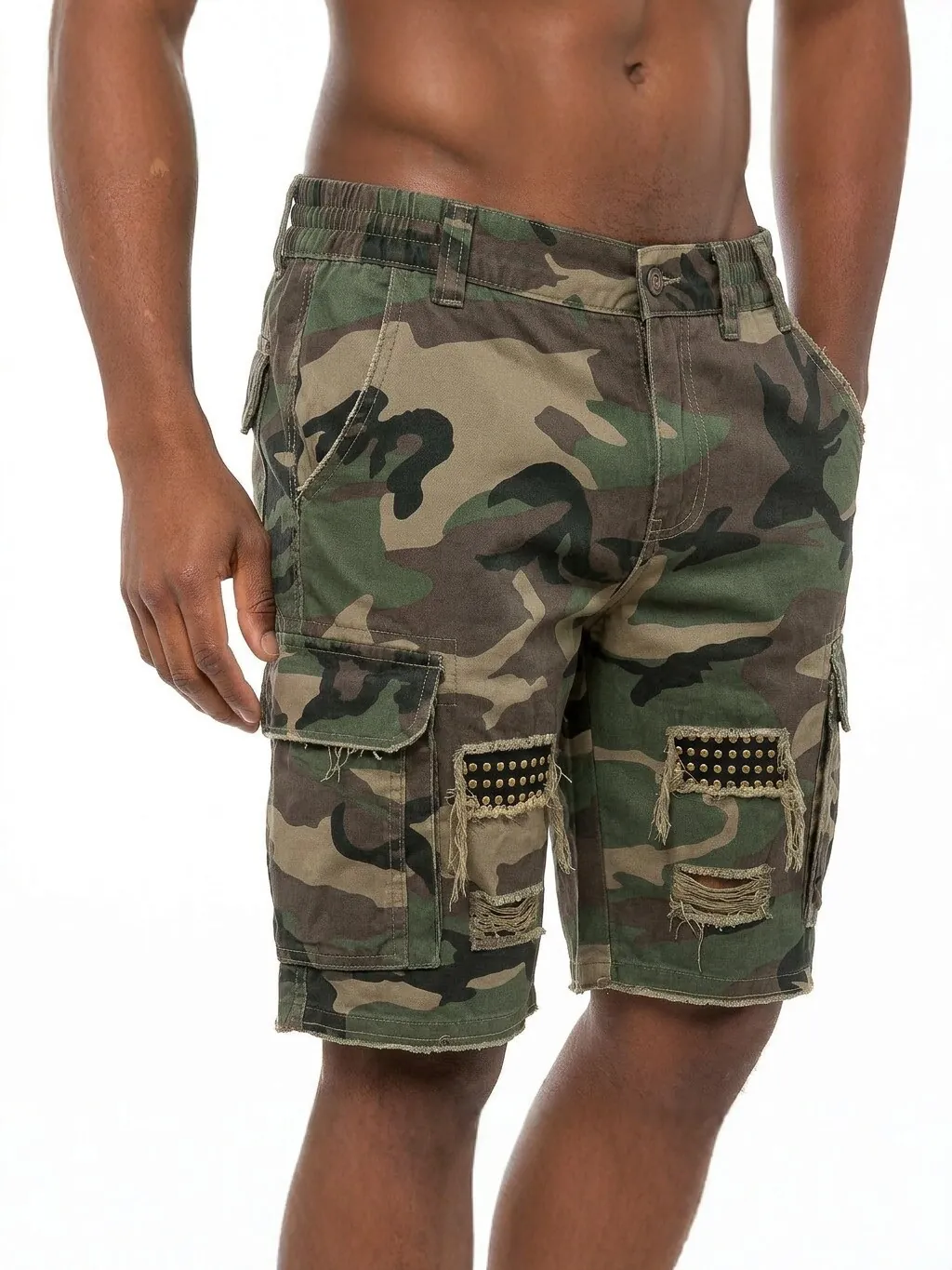 Men's Tactical Camouflage Cargo Shorts Cotton Blend Multi Pocket Distressed Studded Loose Five-Point Shorts Outdoor Bottoms