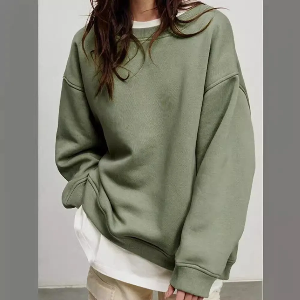 Felpa Oversized Casual da Donna Tinta Unita Girocollo Spalle Cadenti Misto Poliestere Elastan Pullover Comodo Autunno Inverno
