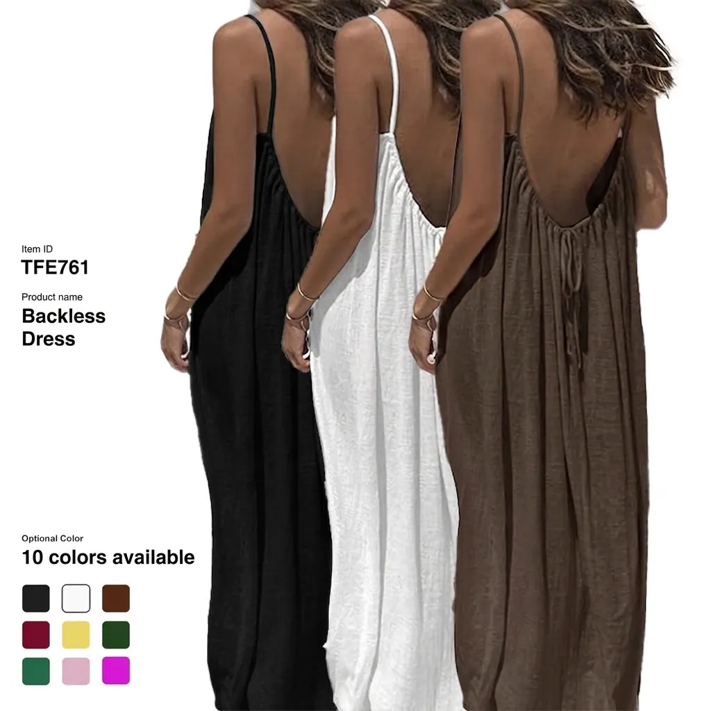 Women Sexy Backless Maxi Dress Spaghetti Strap Pleated Solid Color Polyester Sundress For Beach Vacation Summer Long Dress