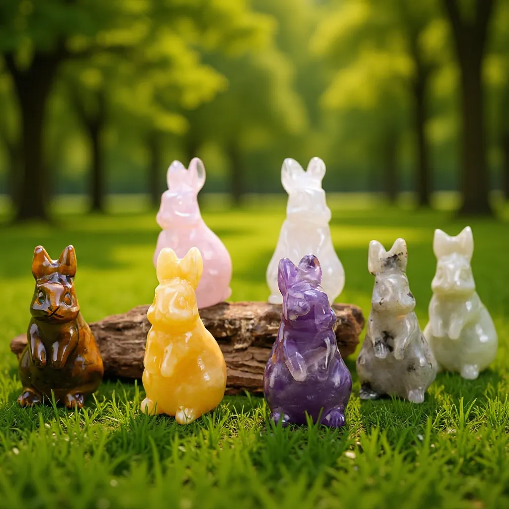 Natural Crystal Carved Rabbit Gemstone Figurine Healing Stone Bunny Ornament For Easter Home Decor Zodiac Sign Gift