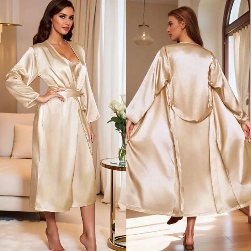 Women Satin Robe Set Long Sleeve Nightgown Two Piece Polyester Pajamas V-Neck Sleepwear Casual Loungewear