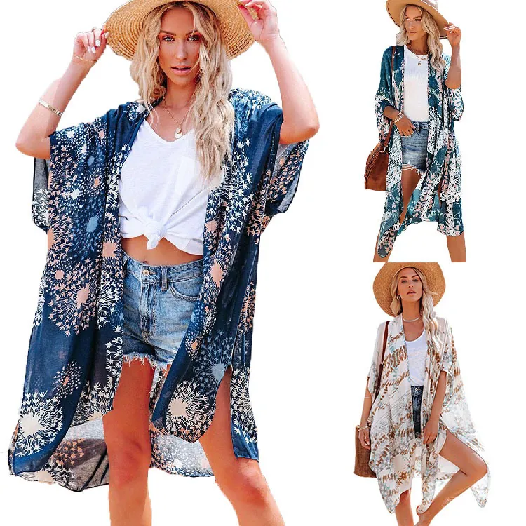 Cache-Maillot Femme Été Imprimé Bohème Coupe Mi-Longue Polyester Protection Solaire Kimono Cardigan Plage