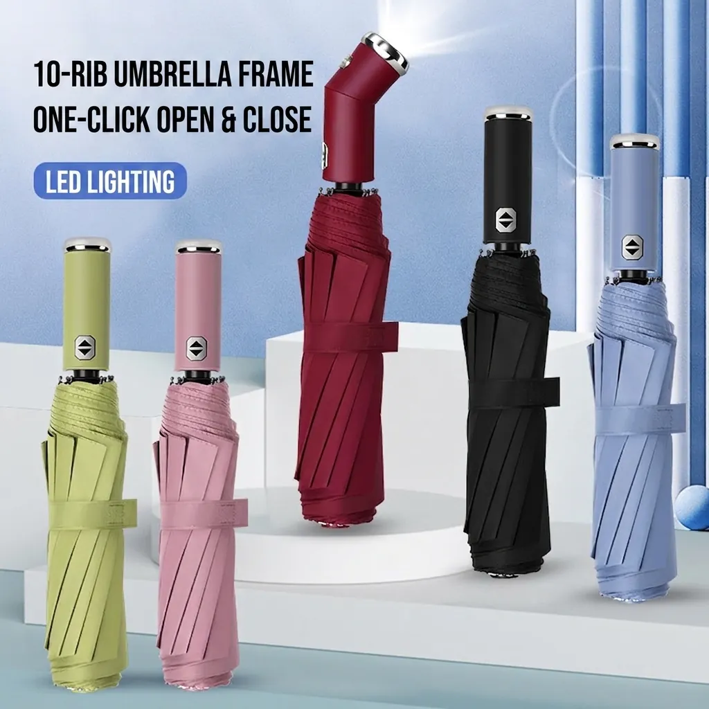 Ombrello Automatico a 10 Bacchette Con Torcia LED Antivento Pieghevole Sole Pioggia Ombrello Inverso Grande Parasole da Viaggio Per Adulti