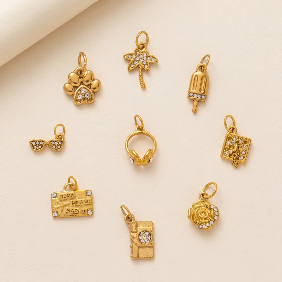 Stainless Steel DIY Charms Gold Plated Bear Paw Palm Tree Headphone Guitar Camera Pendant Charms For Jewelry Making Shoes Accessories