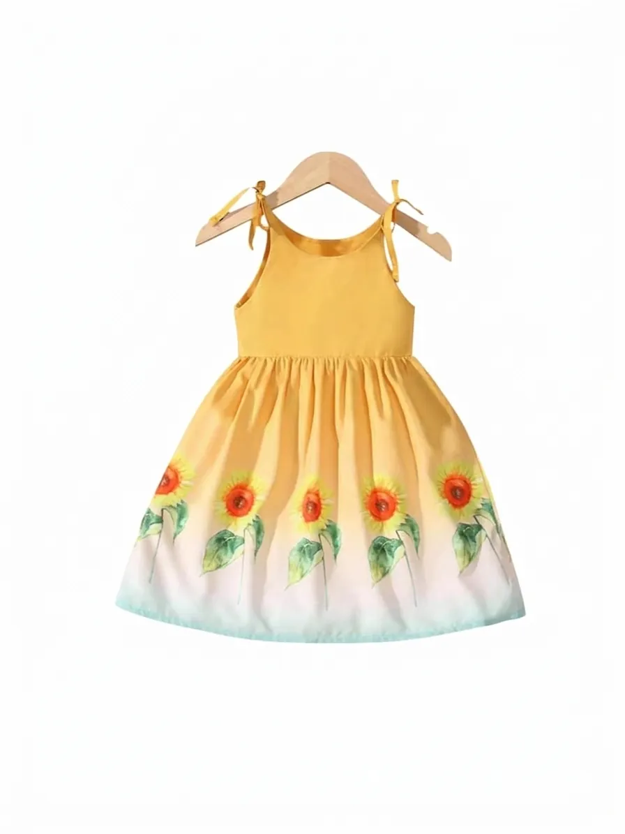 Girls Summer Korean Style Cotton Sunflower Print Sling Princess Dress Yellow A-line Sleeveless Everyday Casual Kids Dress
