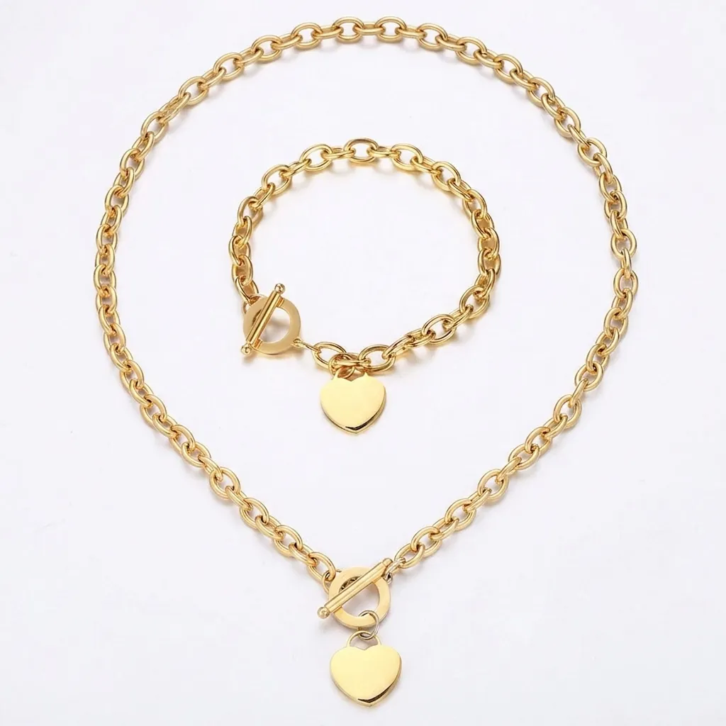 Ensemble de Bijoux Collier et Bracelet Pendentif Cœur en Acier Inoxydable Minimaliste Or Or Rose Argent Fermoir à Bascule Chaîne en O
