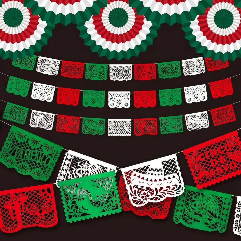 Mexican Papel Picado Banner Colorful Hollow Out Plastic Banner For Cinco De Mayo Day Of The Dead Carnival Outdoor Party Decoration