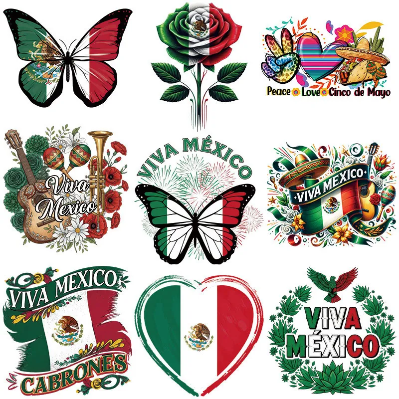 Mexican Independence Day Heat Transfer Patches Viva Mexico Theme Butterfly Rose Girl Messy Bun Iron On Stickers For DIY Clothes