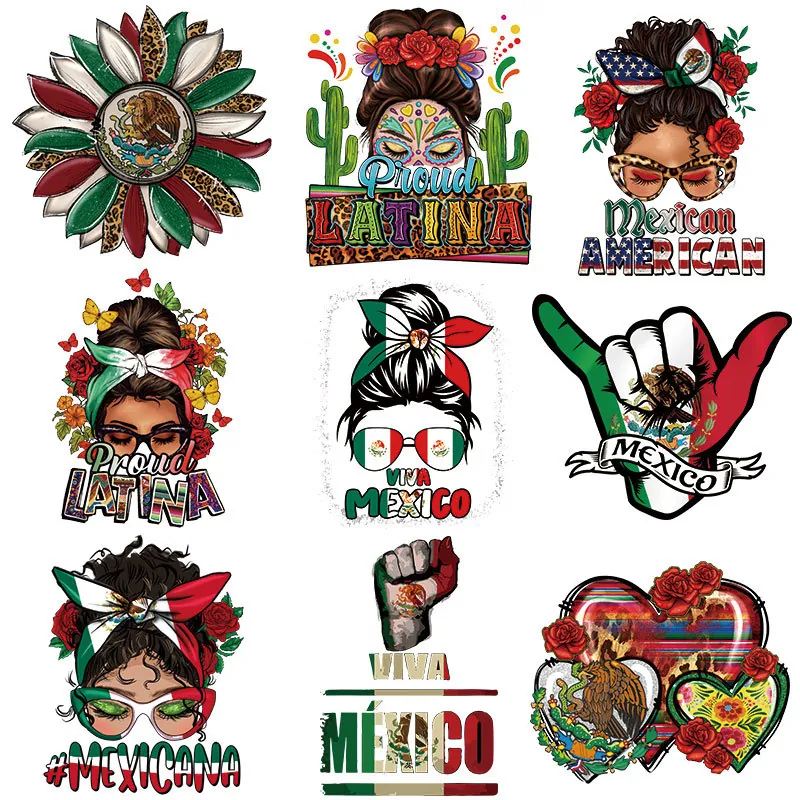 Mexican Independence Day Heat Transfer Patches For Clothing Iron On Decals DIY T-Shirt Ethnic Proud Mexicana Sunflower Design