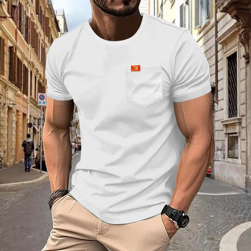 Men's Casual Short Sleeve Pocket T-Shirt Summer Solid Color Knitted Round Neck Slim Fit Top For Men Daily Wear