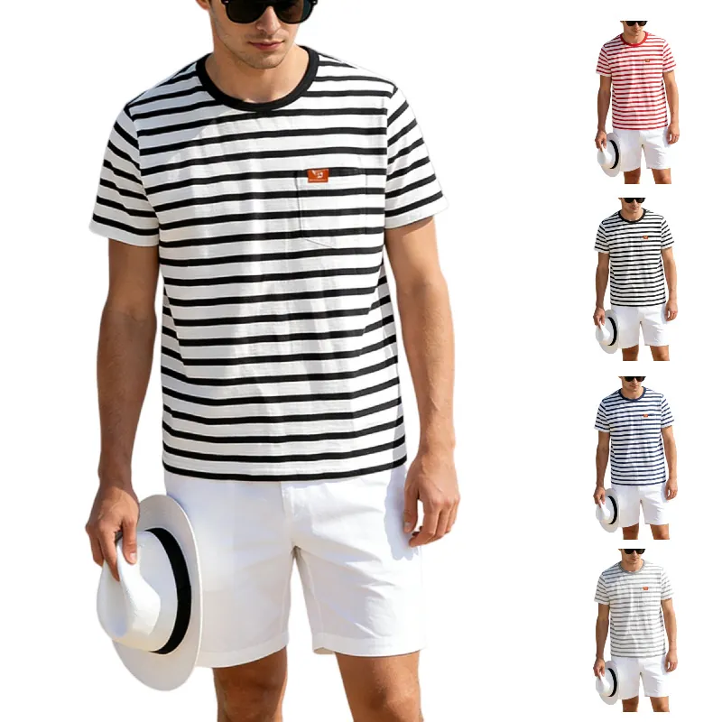 Men's Casual Striped T-Shirt Quick-Dry Breathable Short Sleeve Top With Pocket Outdoor Sports Summer Round Neck Shirt
