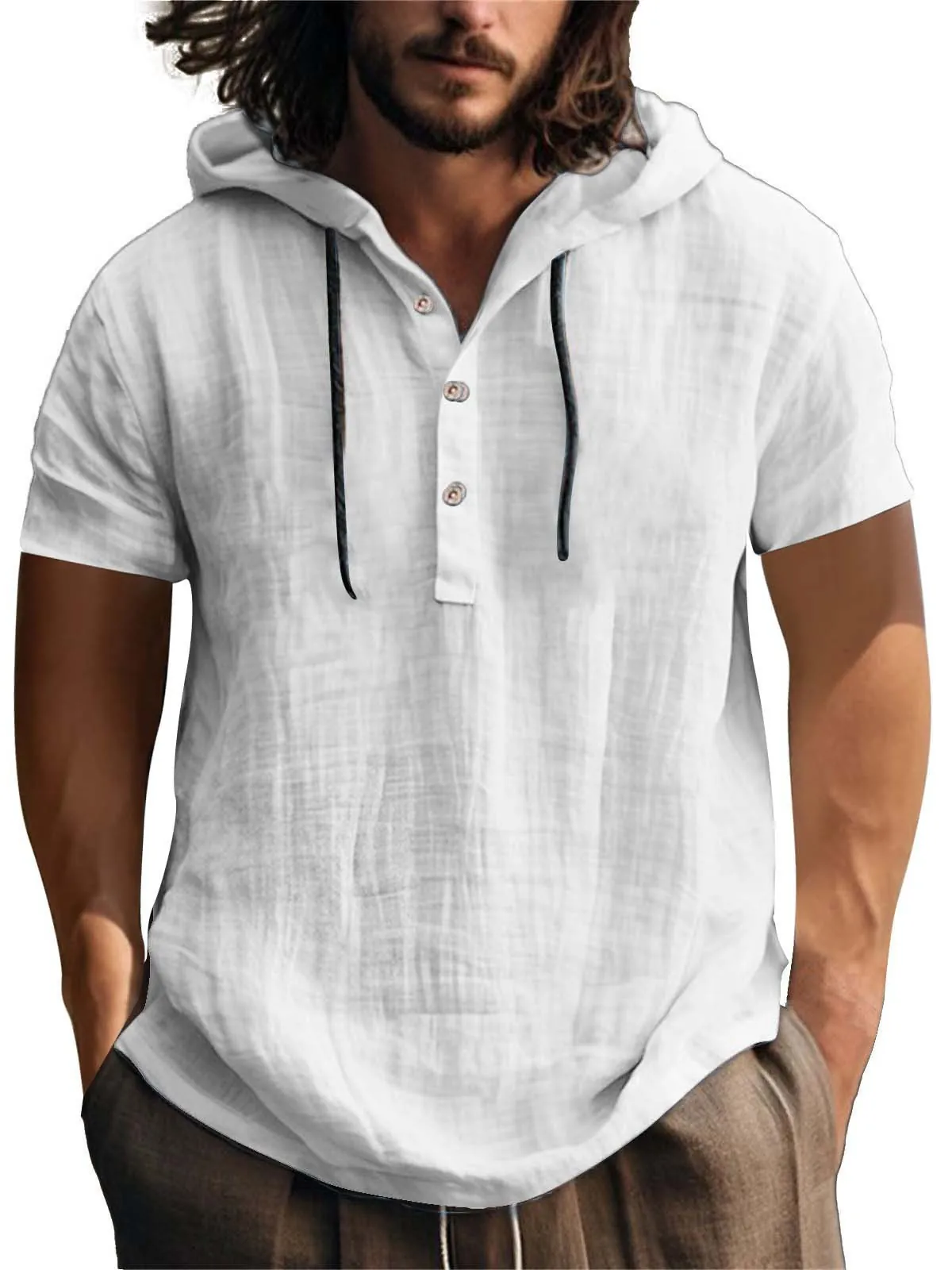 Chemise Henley Décontractée en Mélange de Lin pour Hommes à Capuche Manches Courtes Été Respirant T-Shirt de Plage Coupe Large