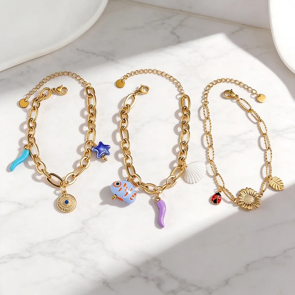 Bracelet à Breloques en Céramique et Acier Inoxydable Bohème pour Femmes Pendentif Fleur et Animal Marin Vintage Bijoux de Mode Plaqués Or Chaîne Réglable