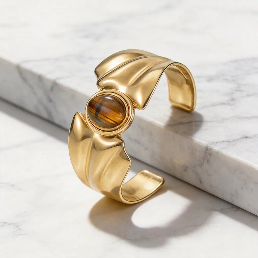Vintage Irregular Wavy Stainless Steel Open Cuff Bracelet For Women Light Luxury Gold Plated Tiger Eye Gemstone Bangle Jewelry