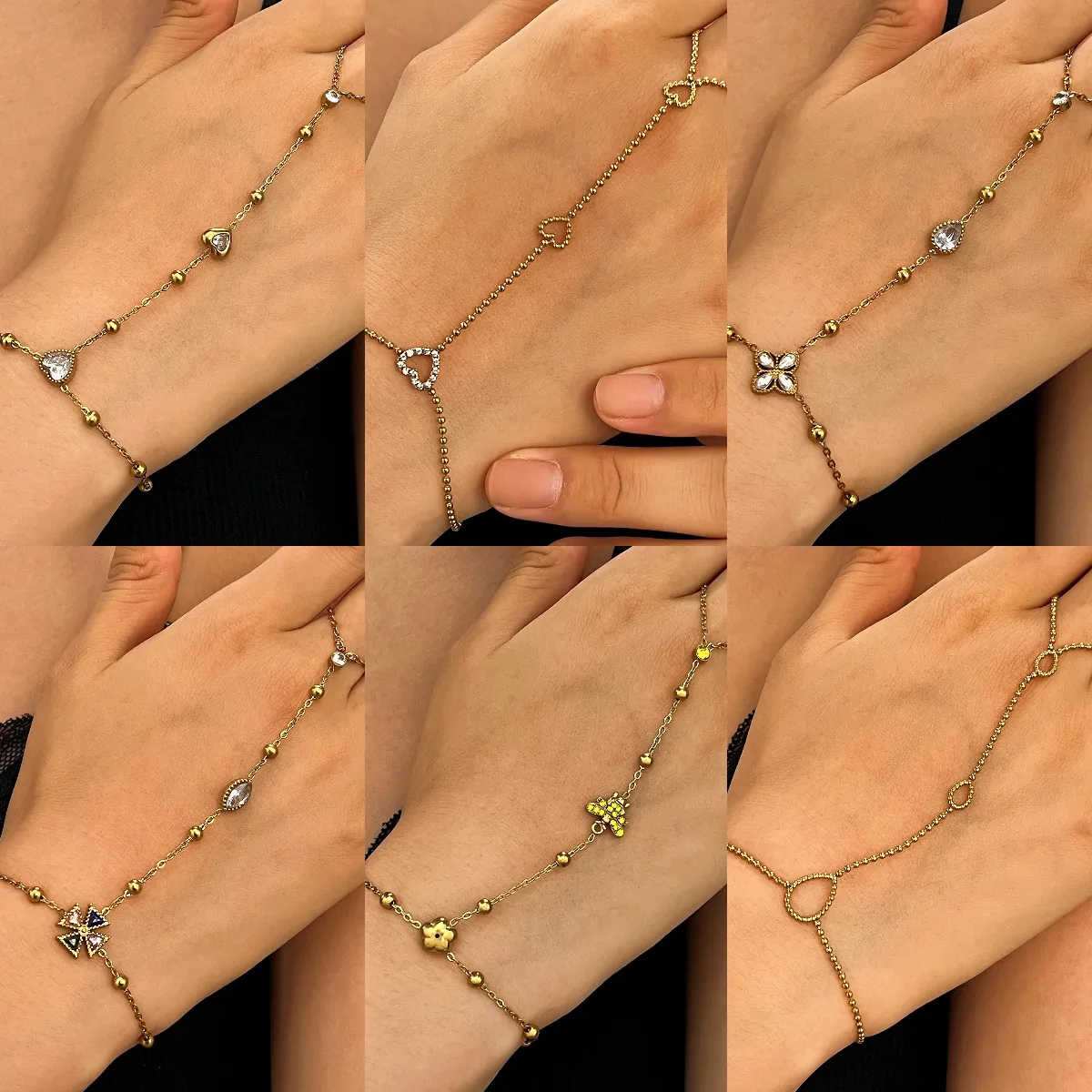 Bracelet Bague en Acier Inoxydable pour Femmes Chaîne à Billes Cœur Gouttelette Design Ajouré Strass Bijoux en Or