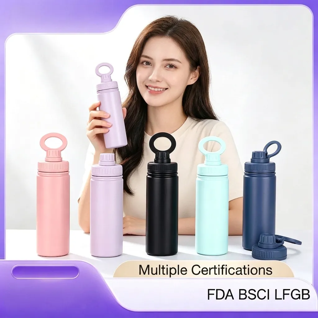 Vacuum Insulated Water Bottle 304 Stainless Steel Portable Loop Handle Lid Outdoor Sports Travel Matte Finish Wide Mouth