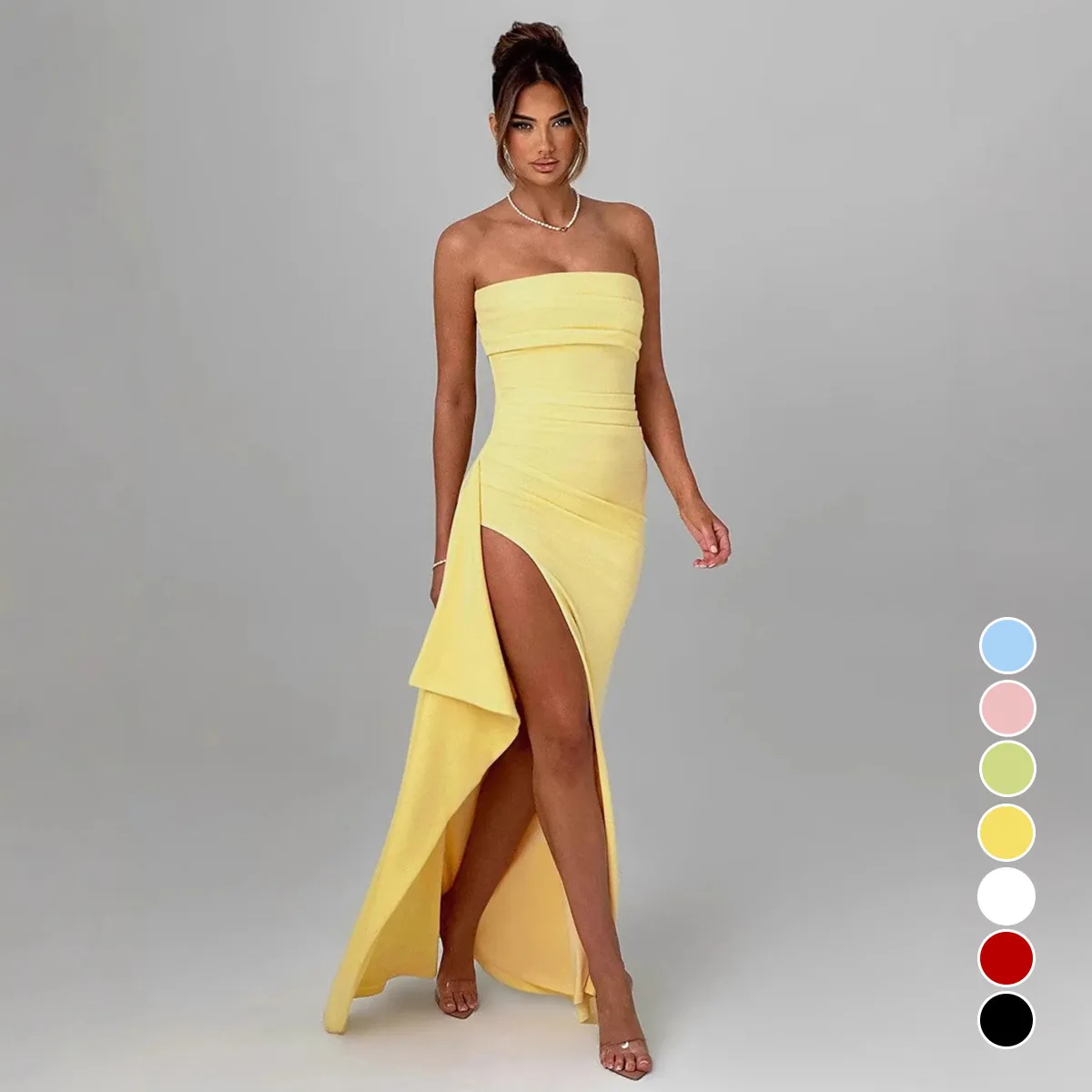Sexy Ruched Tube Top Maxi Dress For Women European Style Side High Slit Irregular Bodycon Evening Party Dress