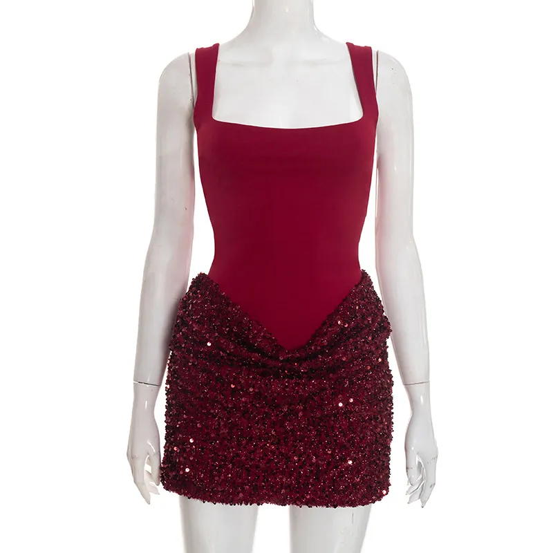 Robe Mini Moulante Sexy à Paillettes pour Femmes Patchwork Col Carré Sans Manches Coupe Slim Soirée Cocktail Bordeaux Noir