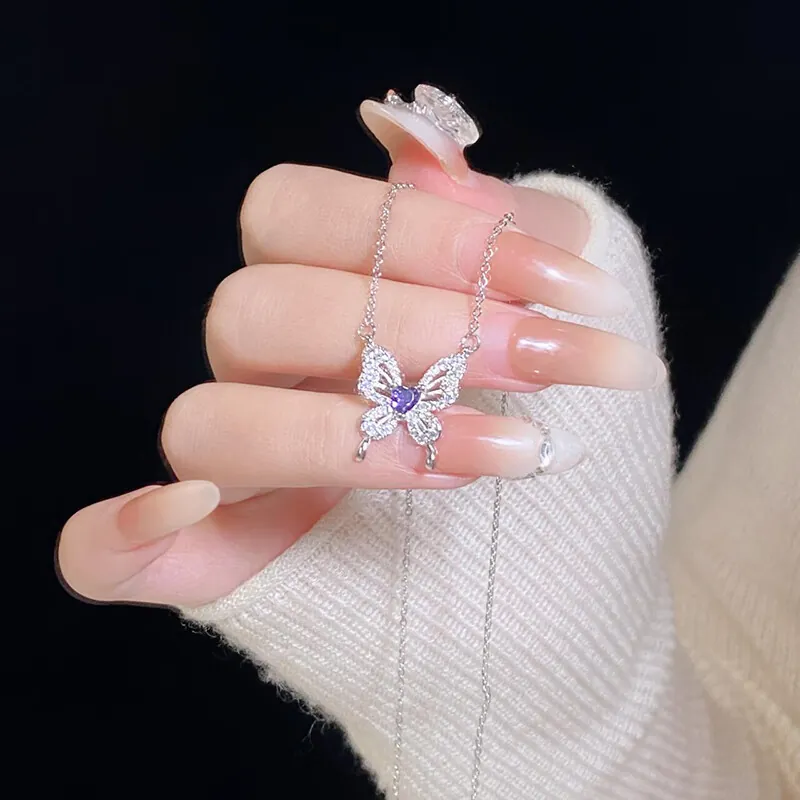 Butterfly Heart Pendant Necklace Silver Plated Copper And Steel Chain With Zirconia Elegant Ins Style Jewelry For Women