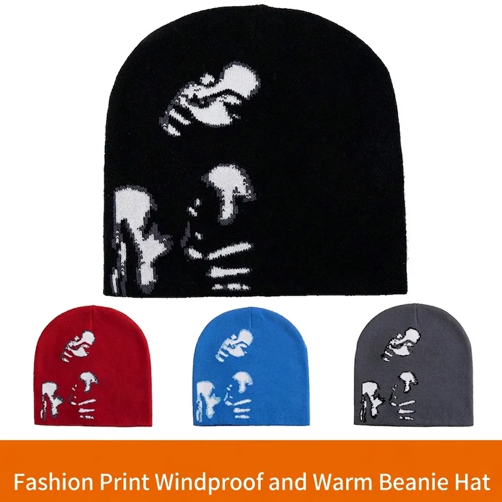 Strickmütze Beanie Acryl Abstraktes Porträtmuster Warm Streetwear Winter Outdoor Mode Für Herren Damen