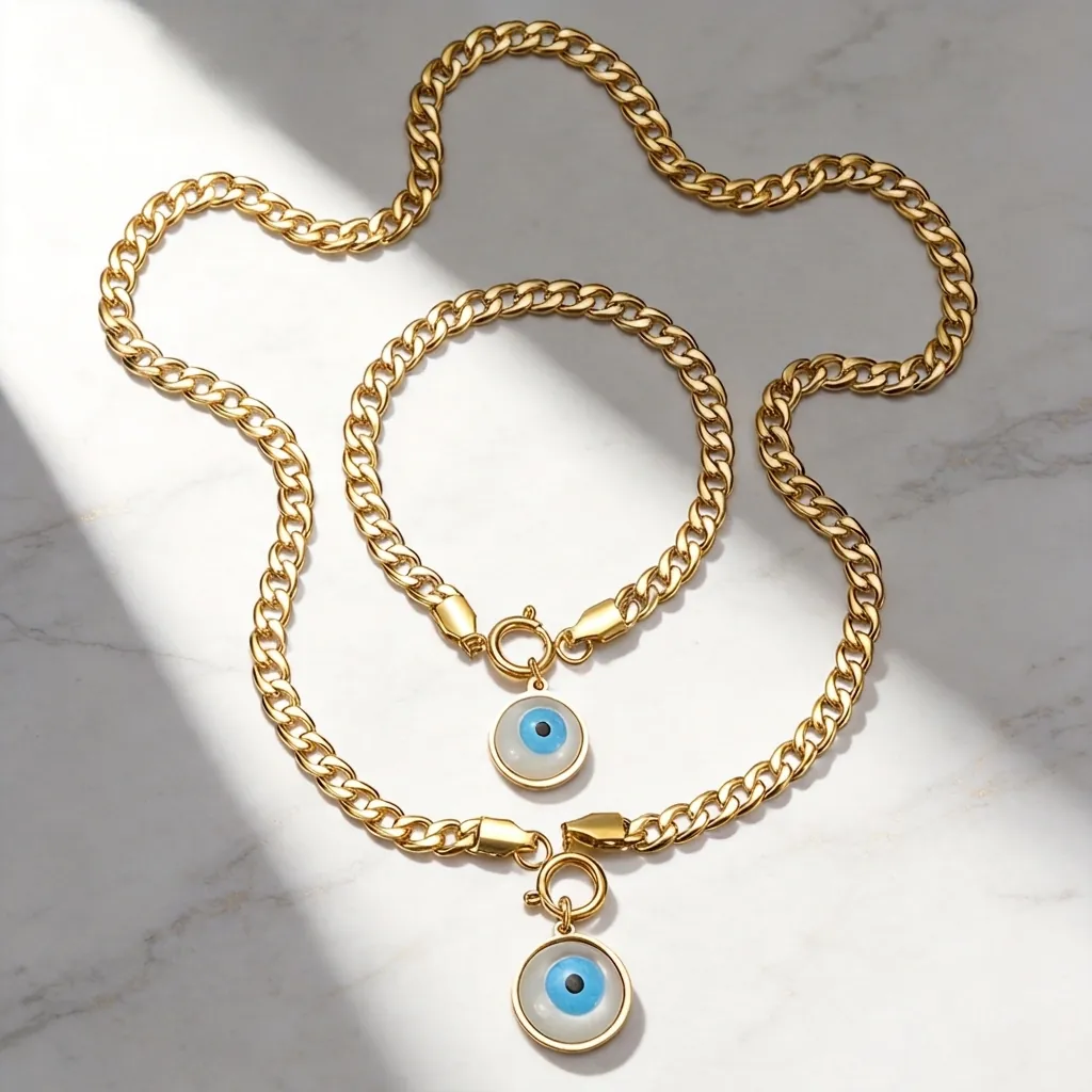 Collier Et Bracelet Mauvais Œil En Acier Inoxydable Bijoux Chaîne Cubaine Plaqué Or Hip Hop