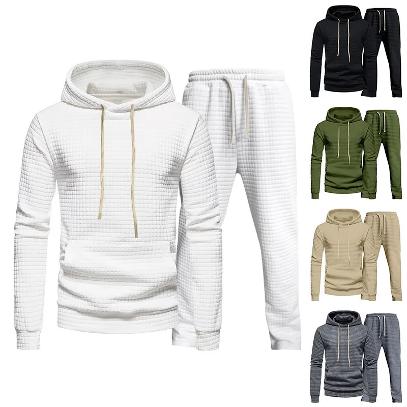 Men Waffle Jacquard Hooded Top And Bottom Set Casual Sports Sweatshirt Pullover Hoodie And Sweatpants Tracksuit For Men