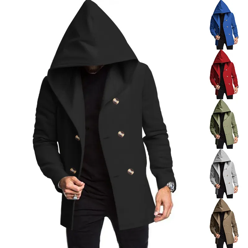 Men's Mid-Length Slim Fit Trench Coat Hooded Casual Double Breasted Jacket Cotton Blend Polyester Solid Color Outerwear Top