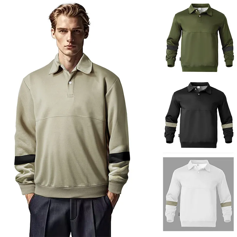 Men's Casual Polo Style Lapel Sweatshirt Color Block Long Sleeve Loose Fit Pullover Spring Autumn Top Urban Fashion